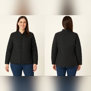 Woman Within Black Quilted Jacket  Y2K Waterproof Zip Up Coat, Everyday Grunge L